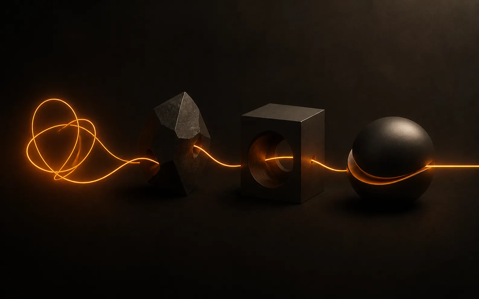 A glowing orange thread moving through abstract forms from a loose idea to a polished product