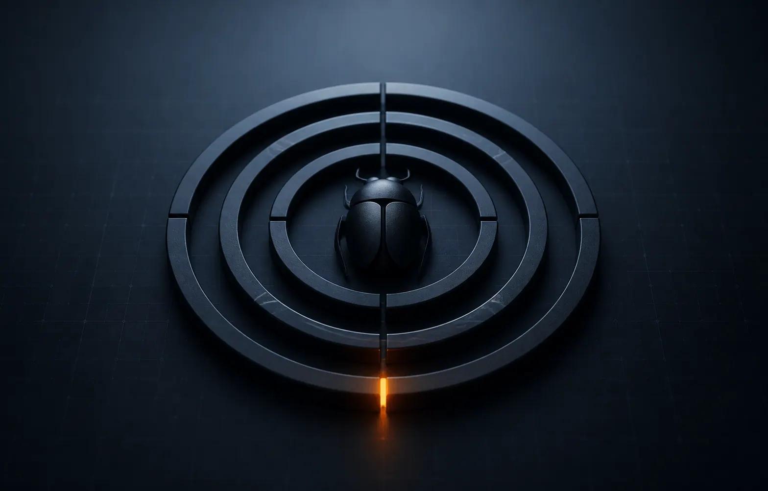 A sculptural bug contained by three concentric testing rings with an orange lock point